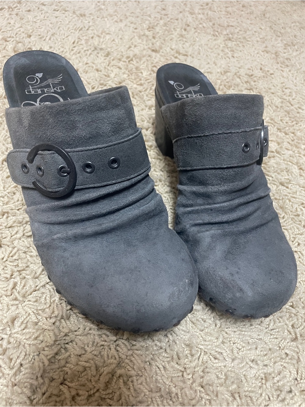 Dansko Charcoal Suede Buckle Mules